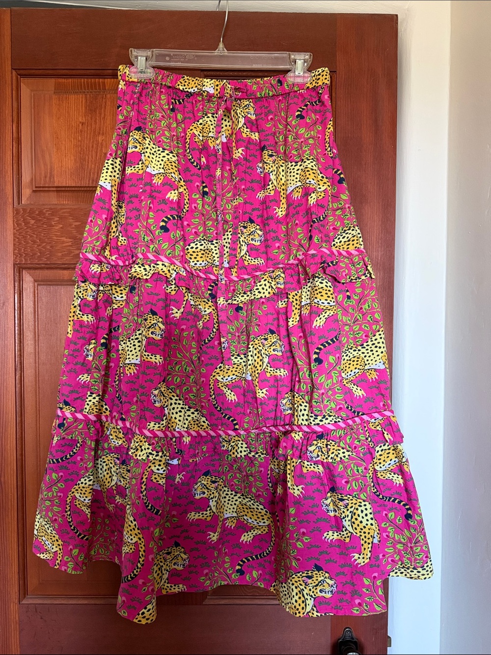 Printfresh Hot Pink Tiered Maxi Skirt with Yellow Leopard Print